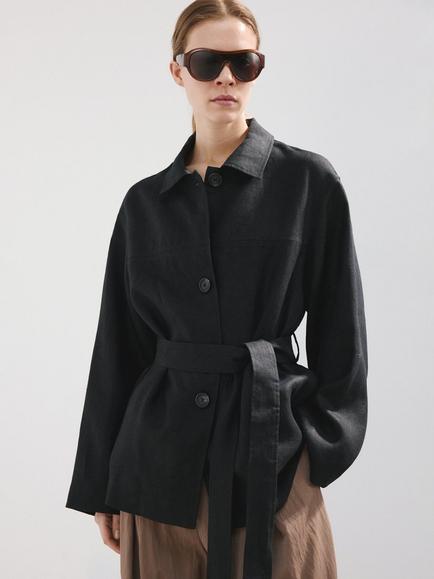 Mango Pure Linen Tie Waist Jacket, Black, Black