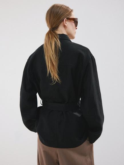 Mango Pure Linen Tie Waist Jacket, Black - view 2, Black