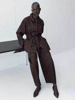 Mango Pure Linen Tie Waist Jacket, Chocolate, Chocolate