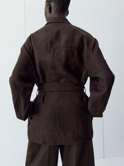 Mango Pure Linen Tie Waist Jacket, Chocolate - view 2, Chocolate