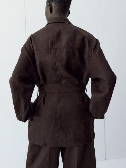Mango Pure Linen Tie Waist Jacket, Chocolate - view 2, Chocolate