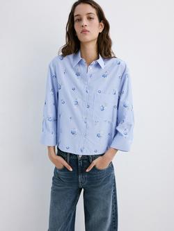 Mango Floral Embroidered Three Quarter Sleeve Shirt, Sky Blue
