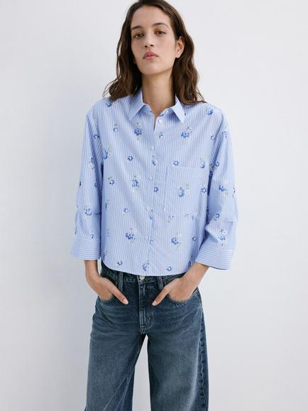 Mango Floral Embroidered Three Quarter Sleeve Shirt, Sky Blue