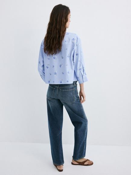 Mango Floral Embroidered Three Quarter Sleeve Shirt - view 2, Sky Blue