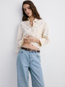 Mango Floral Embroidered Three Quarter Sleeve Shirt, Pastel Yellow