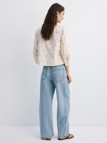 Mango Floral Embroidered Three Quarter Sleeve Shirt - view 2, Pastel Yellow