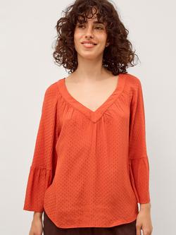 Monsoon Kallie Long Sleeve Dobby V-Neck Top, Orange, Orange
