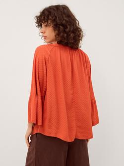 Monsoon Kallie Long Sleeve Dobby V-Neck Top, Orange - view 2, Orange