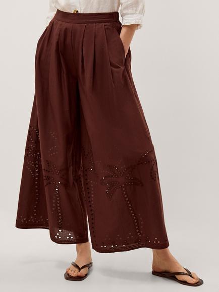 Monsoon Eden Palm Cutwork Wide Leg Trousers, Brown - view 2, Brown