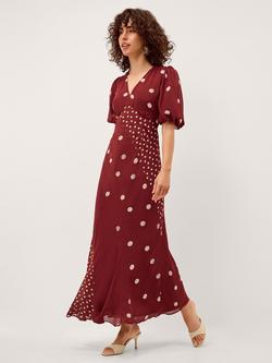 Monsoon Amaya Spot Fit and Flare Maxi Dress, Burgundy, Burgundy
