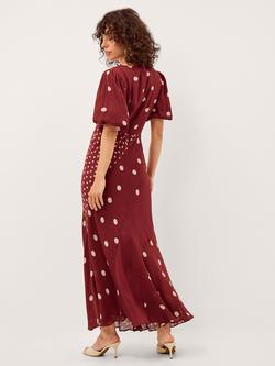 Monsoon Amaya Spot Fit and Flare Maxi Dress, Burgundy - view 2, Burgundy