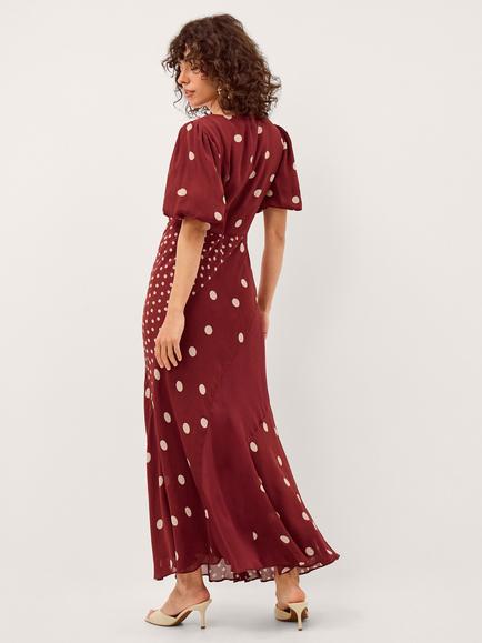 Monsoon Amaya Spot Fit and Flare Maxi Dress, Burgundy - view 2, Burgundy