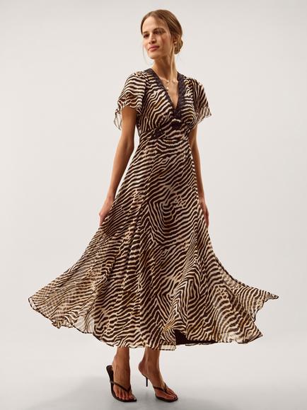 Monsoon Annie Animal Fit and Flare Midi Dress, Brown, Brown