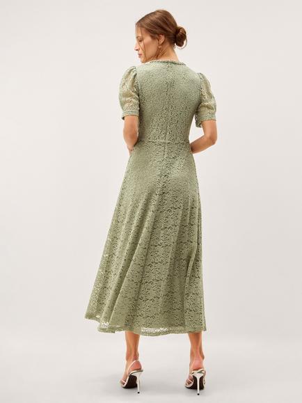 Monsoon Celina Lace Fit and Flare Midi Dress, Sage - view 2, Sage