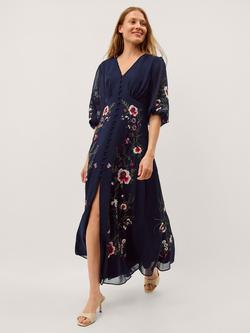 Monsoon Emi Floral Embroidered V-Neck Fit and Flare Maxi Dress, Navy, Navy
