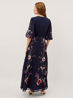 Monsoon Emi Floral Embroidered V-Neck Fit and Flare Maxi Dress, Navy - view 2, Navy