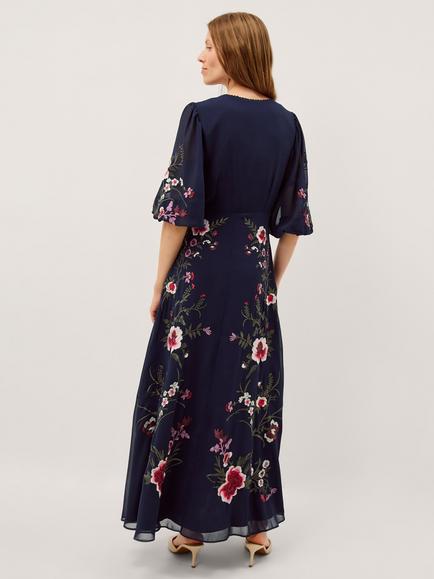 Monsoon Emi Floral Embroidered V-Neck Fit and Flare Maxi Dress, Navy - view 2, Navy