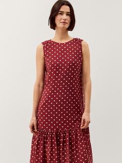 Monsoon Claire Polka Dot Tiered Midi Dress, Berry, Berry