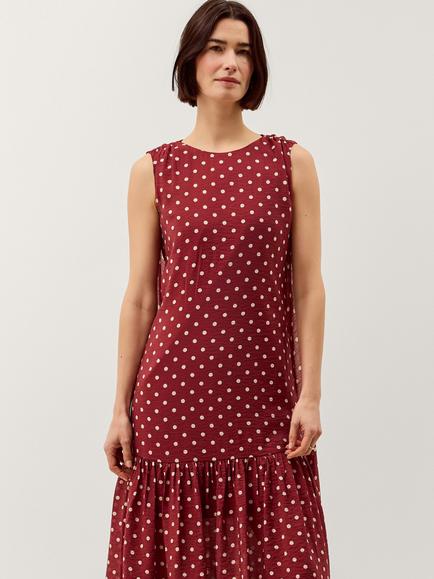 Monsoon Claire Polka Dot Tiered Midi Dress, Berry, Berry