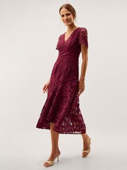 Monsoon Gia Floral Lace Fit and Flare Midi Dress, Burgundy, Burgundy