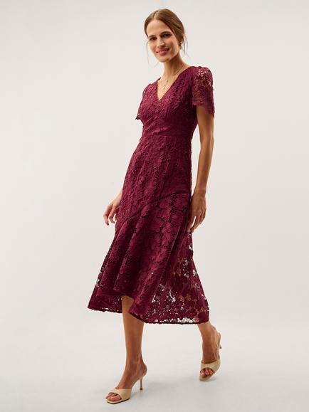 Monsoon Gia Floral Lace Fit and Flare Midi Dress, Burgundy, Burgundy
