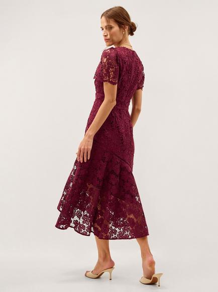 Monsoon Gia Floral Lace Fit and Flare Midi Dress, Burgundy - view 2, Burgundy