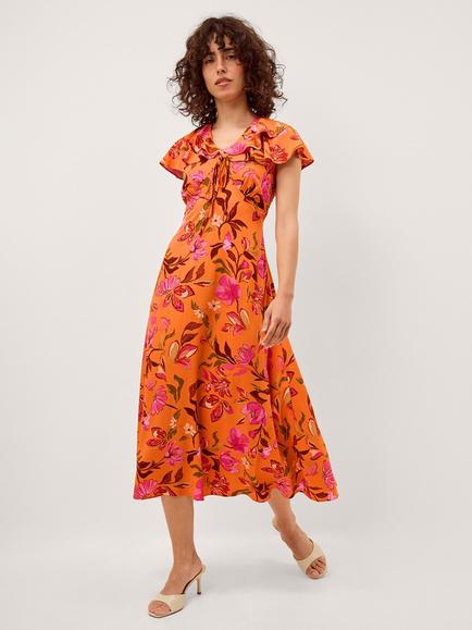 Monsoon Leila Floral Fit and Flare Midi Dress, containing LENZING™ ECOVERO™ Viscose, Orange, Orange