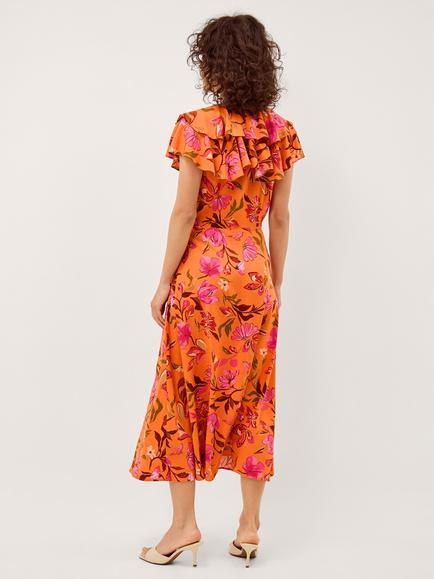 Monsoon Leila Floral Fit and Flare Midi Dress, containing LENZING™ ECOVERO™ Viscose, Orange - view 2, Orange
