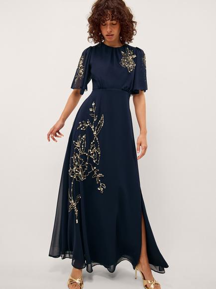 Monsoon Skyler Floral Metallic Fit and Flare Dress, Navy, Navy