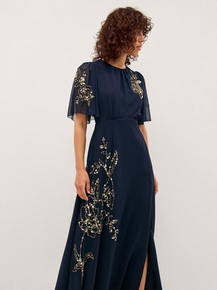 Monsoon Skyler Floral Metallic Fit and Flare Dress, Navy - view 2, Navy