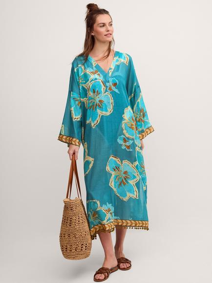 Monsoon Yasmin Floral Print Midi Kaftan, Teal, Teal