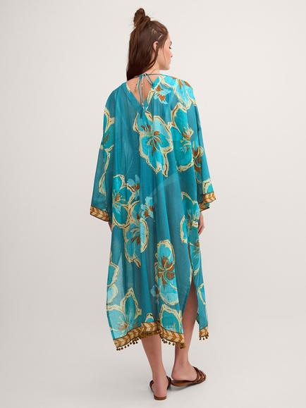 Monsoon Yasmin Floral Print Midi Kaftan, Teal - view 2, Teal