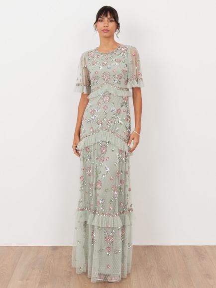 Maya Deluxe Sheer Short Sleeve Sequin Maxi Dress, Green Lily, Green Lily