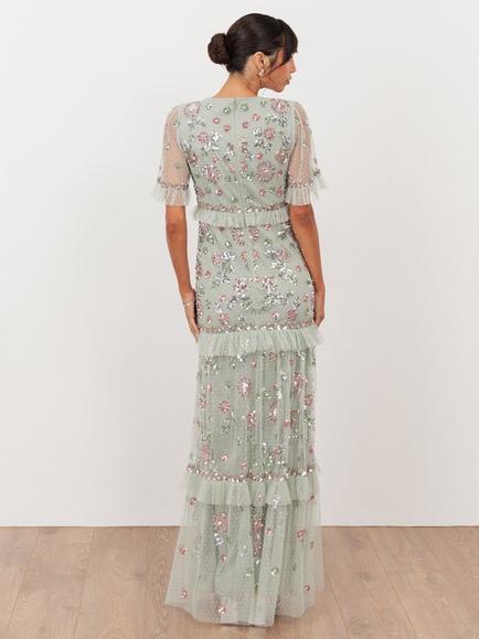Maya Deluxe Sheer Short Sleeve Sequin Maxi Dress, Green Lily - view 2, Green Lily