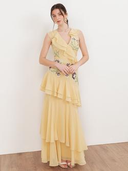 Maya Deluxe Embellished Asymmetric Ruffle Maxi Dress, Buttercream