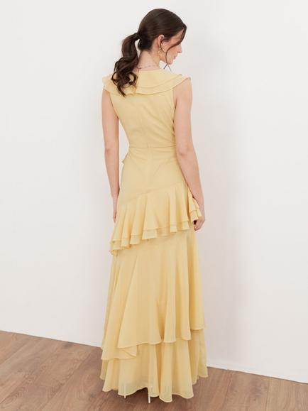 Maya Deluxe Embellished Asymmetric Ruffle Maxi Dress - view 2, Buttercream
