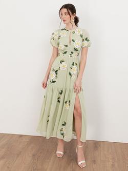 Maya Deluxe Floral Embellished Short Sleeve Tiered Dress, Meadow Green, Meadow Green