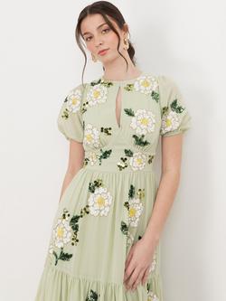 Maya Deluxe Floral Embellished Short Sleeve Tiered Dress, Meadow Green - view 2, Meadow Green