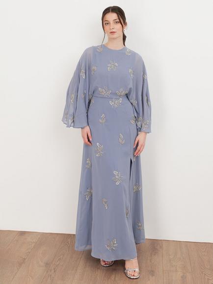 Maya Deluxe Floral Embellished Cape Sleeve Maxi Dress, Wisteria Blue
