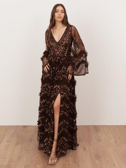 Maya Deluxe Embellished V-Neck Maxi Dress, Chocolate Brown, Chocolate Brown