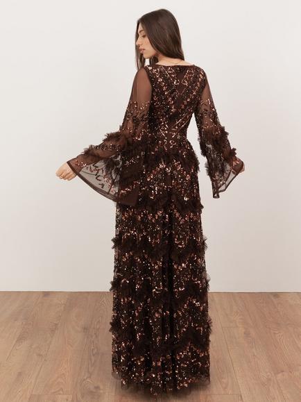 Maya Deluxe Embellished V-Neck Maxi Dress, Chocolate Brown - view 2, Chocolate Brown
