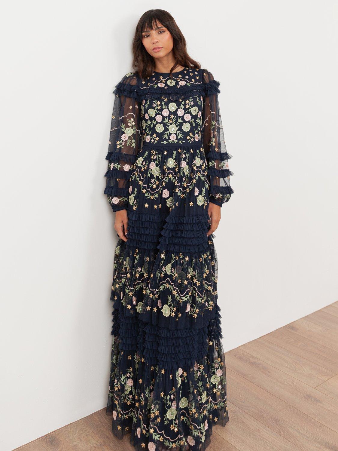 Maya Deluxe Embroidered Tiered Maxi Dress, Navy
