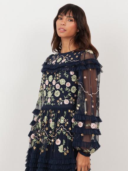 Maya Deluxe Embroidered Tiered Maxi Dress, Navy - view 2, Navy