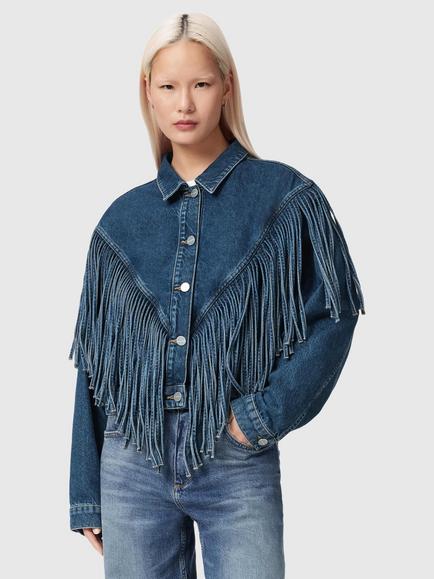 AllSaints Marlene Western Tassel Denim Jacket, Dark Indigo, Dark Indigo