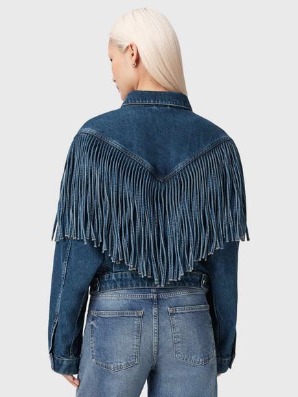 AllSaints Marlene Western Tassel Denim Jacket, Dark Indigo - view 2, Dark Indigo