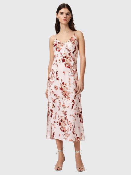 AllSaints Melody Floral Silk Blend Midi Slip Dress, Armada Soft Pink, Armada Soft Pink