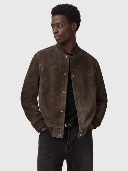 AllSaints Stafford Leather Bomber Jacket, Chalk White, Woodland Brown
