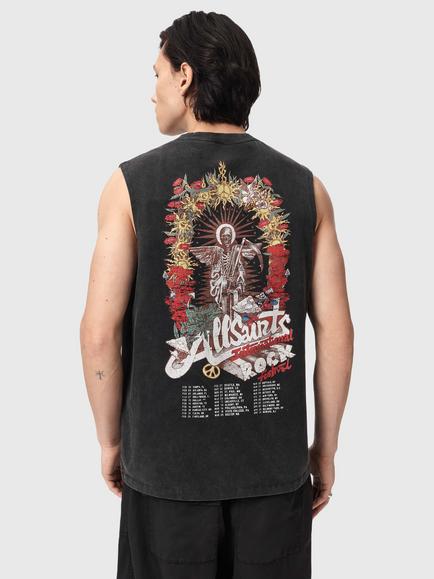 AllSaints Roque Graphic Print Sleeveless Cotton Vest, Washed Black - view 2, Washed Black
