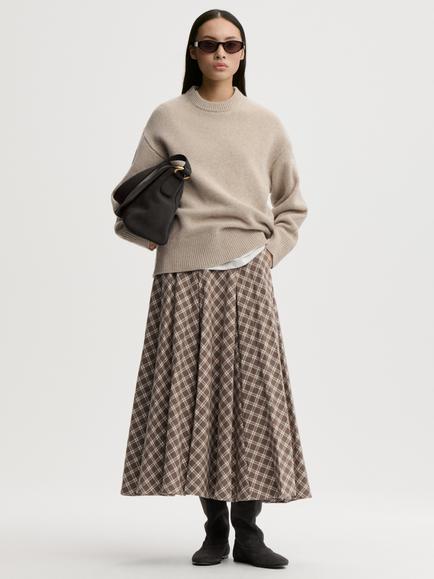 By Malene Birger Eden Check Cotton Midi Skirt, Brown/Cream, Brown/Cream
