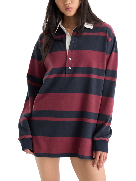 Good American Striped Cotton Knit Rugby Mini Dress, Navy/Red, Navy/Red